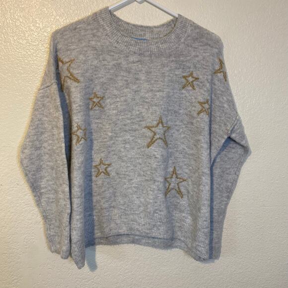 CeCe Womens Gray Crew Neck Embroidered Gold Star Knit Pullover Sweater Size XS - Picture 1 of 4